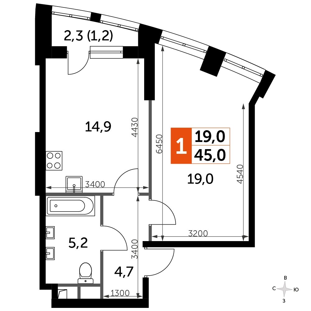 1-комнатная квартира с частичной отделкой, 45 м2, 2 этаж, сдача 3 квартал 2024 г., ЖК Sydney City, корпус 2.2 - объявление 2207341 - фото №1