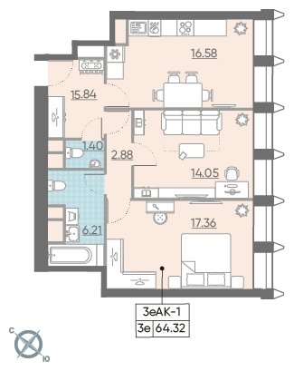 2-комнатная квартира без отделки, 64.3 м2, 8 этаж, дом сдан, ЖК ЗИЛАРТ, корпус 17 - объявление 2301201 - фото №1