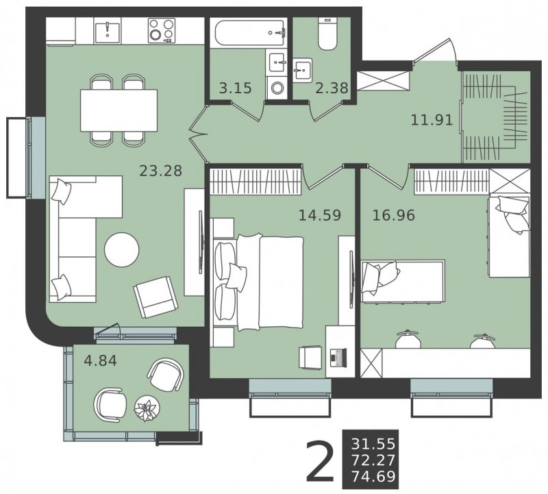 2-комнатная квартира без отделки, 74.69 м2, 5 этаж, сдача 1 квартал 2024 г., ЖК Мишино-2, корпус 6 - объявление 1949103 - фото №1