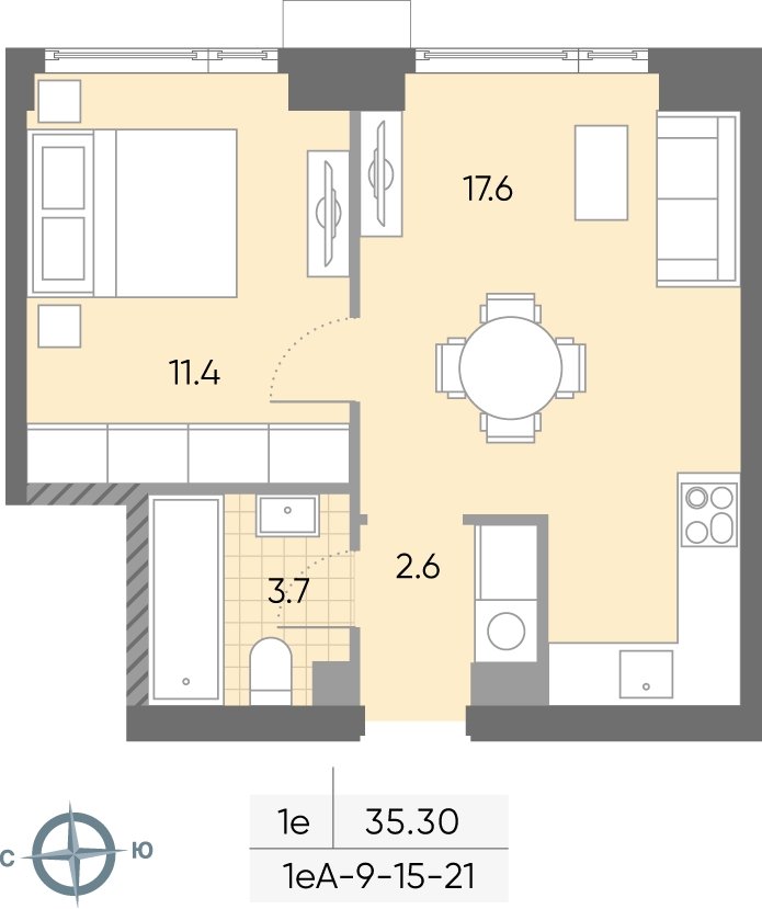 1-комнатная квартира 35.3 м2, 16 этаж, сдача 2 квартал 2026 г., ЖК WAVE, корпус 1 - объявление 2268292 - фото №1