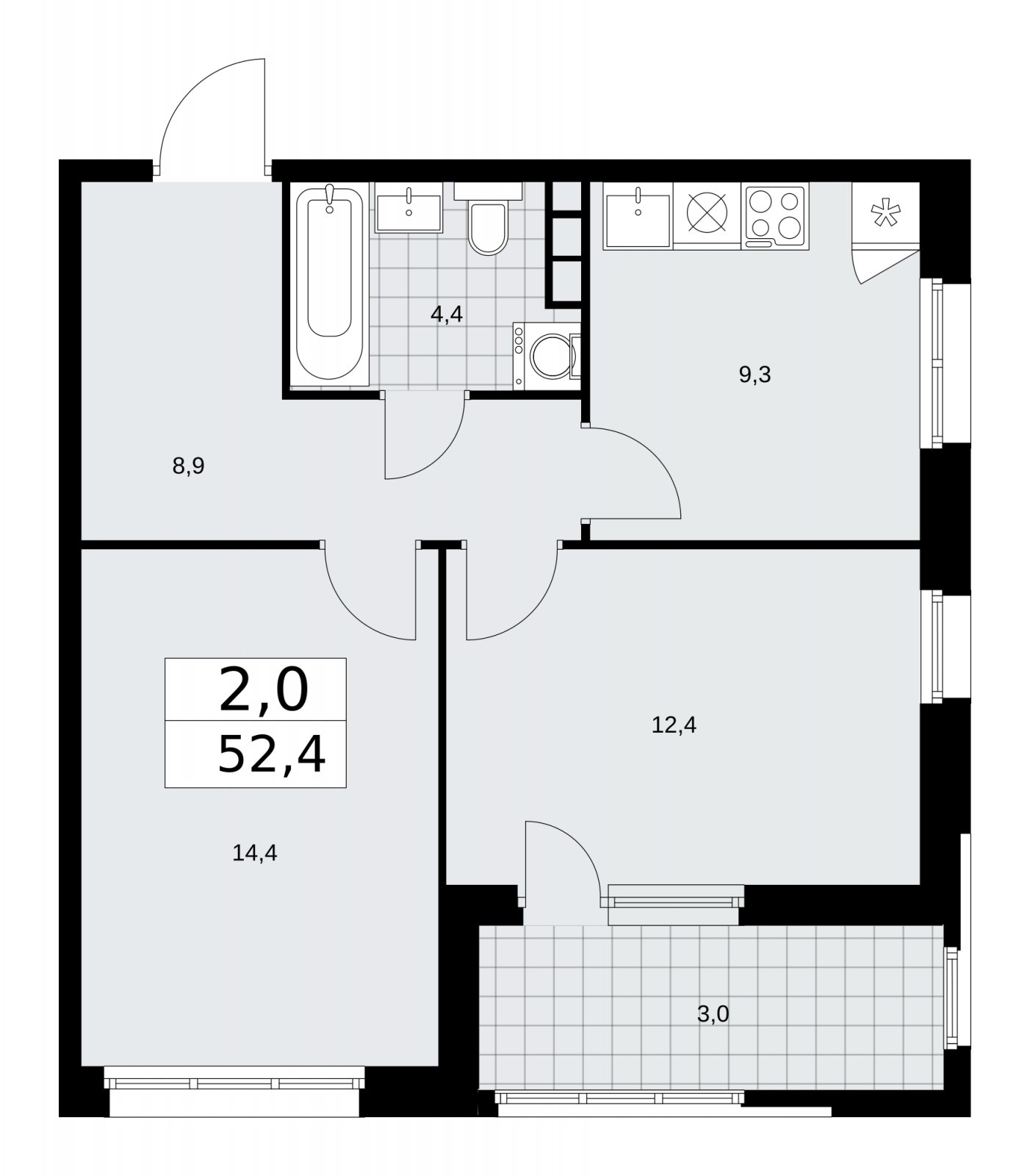 2-комнатная квартира без отделки, 52.4 м2, 8 этаж, сдача 1 квартал 2026 г., ЖК Дзен-кварталы, корпус 3.1 - объявление 2240803 - фото №1