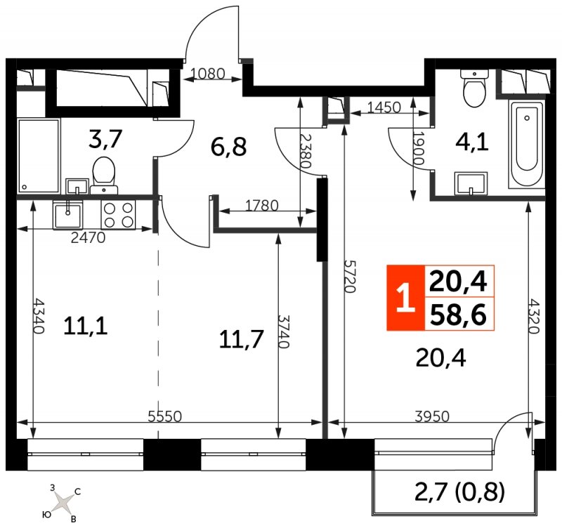 1-комнатная квартира с полной отделкой, 58.6 м2, 8 этаж, сдача 3 квартал 2024 г., ЖК Sydney City, корпус 2.1 - объявление 1710102 - фото №1