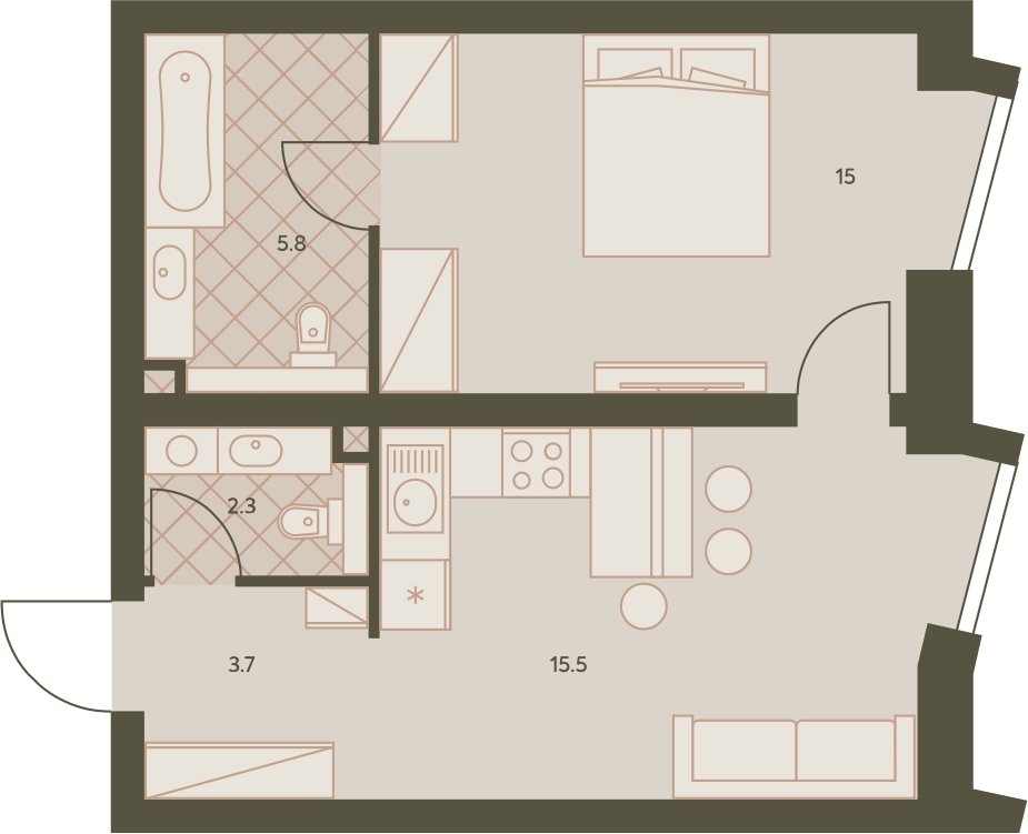 2-комнатная квартира без отделки, 42.9 м2, 29 этаж, дом сдан, ЖК Eniteo, корпус 1 - объявление 2326691 - фото №1