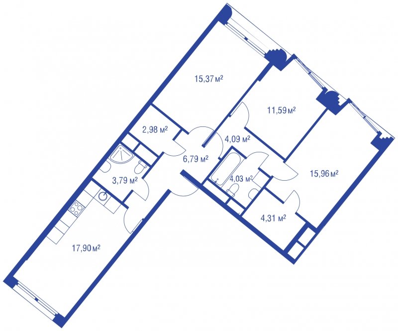 3-комнатная квартира без отделки, 89.89 м2, 8 этаж, сдача 4 квартал 2023 г., ЖК iLove, корпус 3 - объявление 1774602 - фото №1
