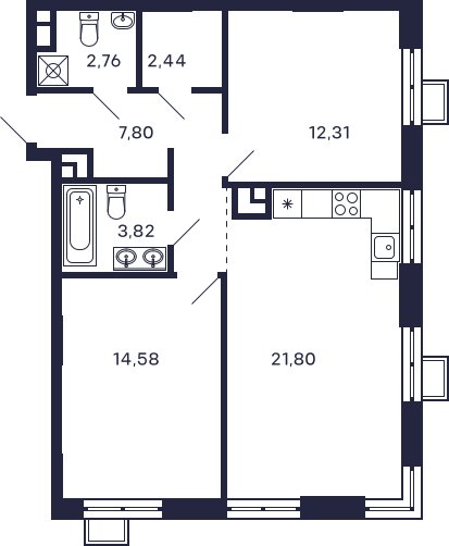 2-комнатная квартира с частичной отделкой, 65.51 м2, 14 этаж, сдача 2 квартал 2026 г., ЖК Квартал Тетрис, корпус С-2.2 - объявление 2277197 - фото №1
