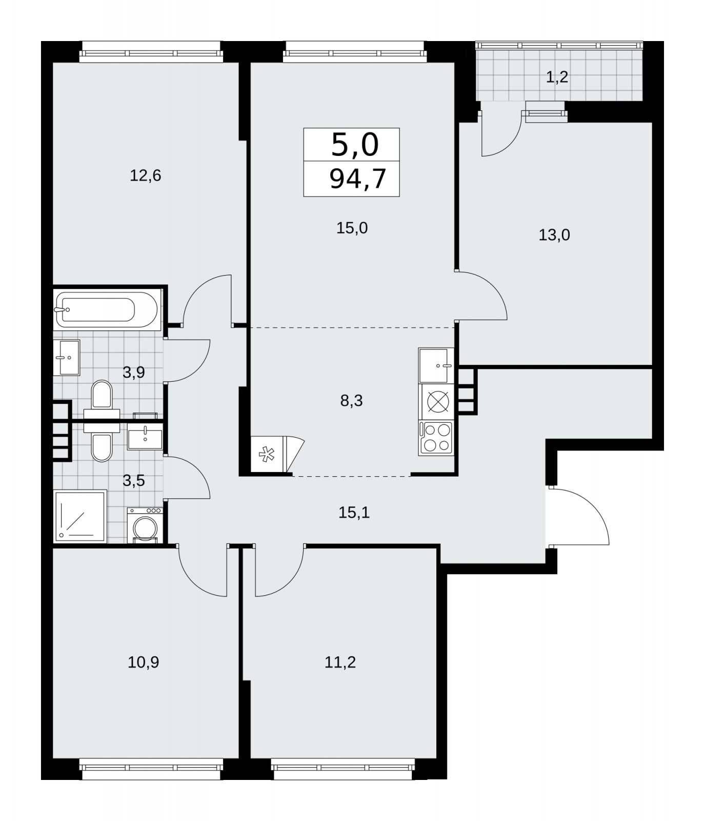 5-комнатная квартира (евро) с частичной отделкой, 94.7 м2, 4 этаж, сдача 2 квартал 2026 г., ЖК Дзен-кварталы, корпус 3.4 - объявление 2242250 - фото №1