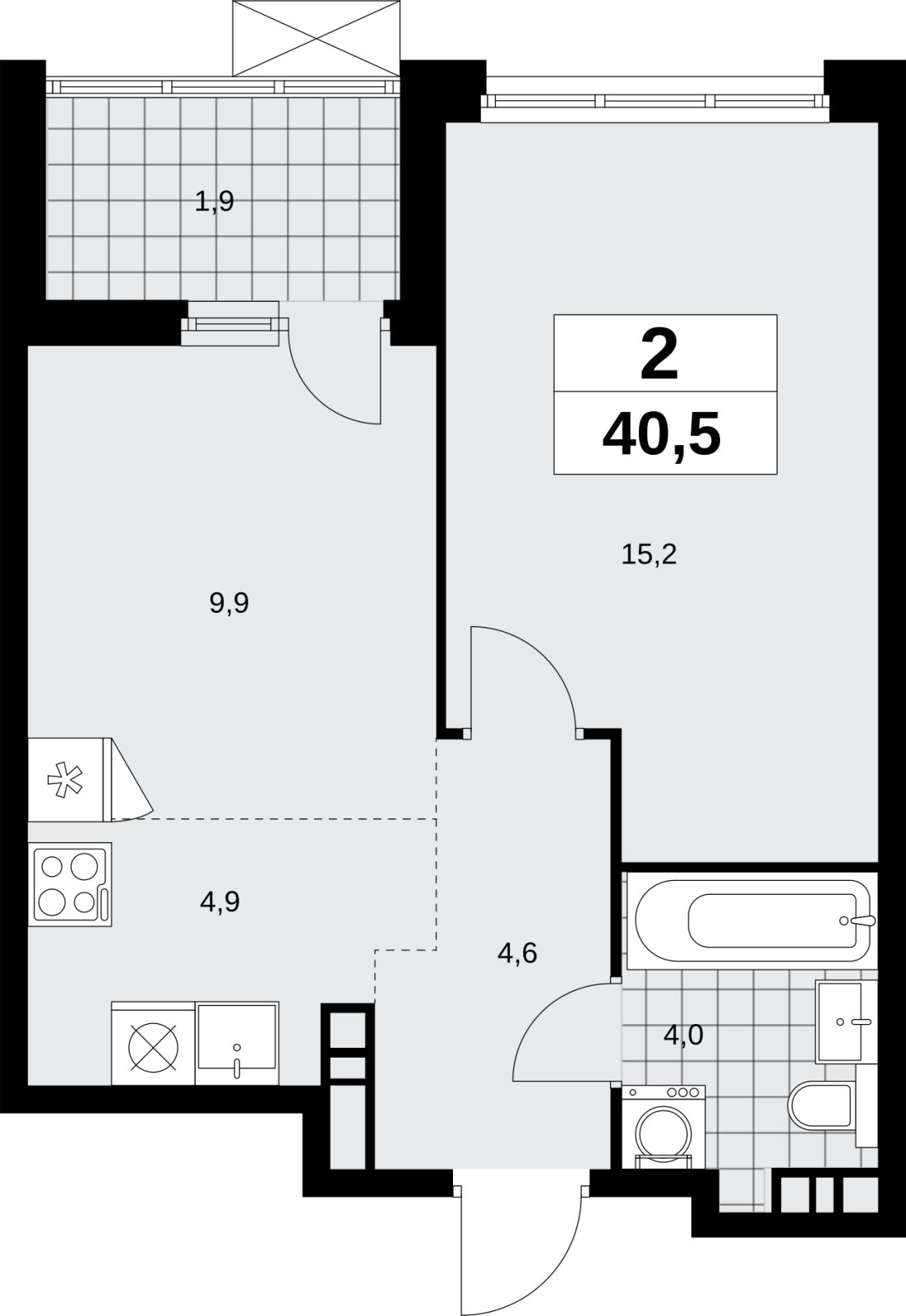 2-комнатная квартира (евро) без отделки, 40.5 м2, 12 этаж, сдача 4 квартал 2026 г., ЖК Скандинавия, корпус 2.18.2.6 - объявление 2351810 - фото №1