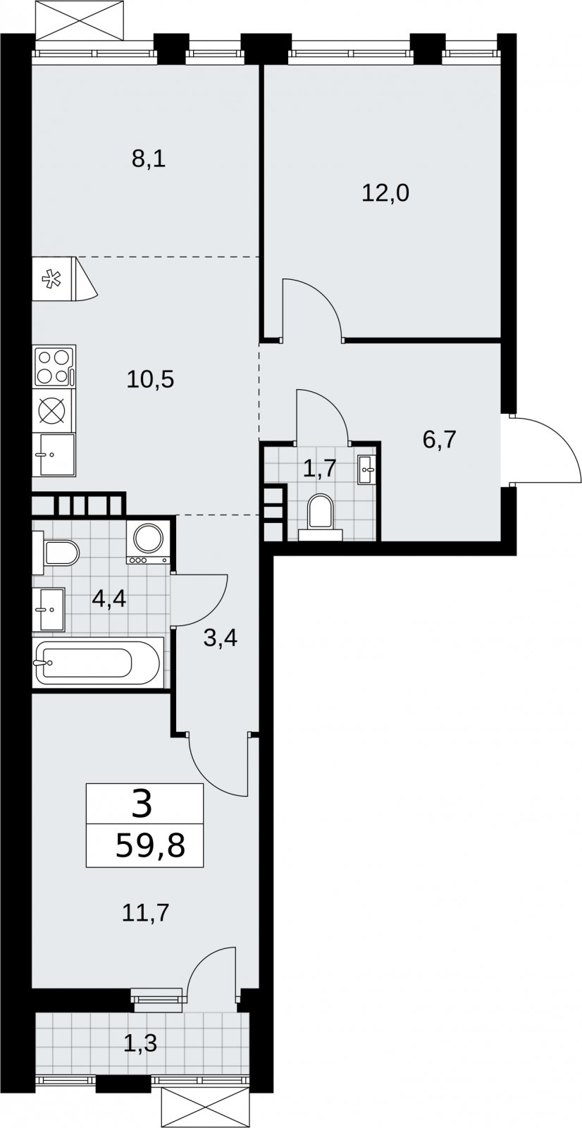 3-комнатная квартира (евро) без отделки, 59.8 м2, 4 этаж, сдача 2 квартал 2026 г., ЖК Бунинские кварталы, корпус 5.4 - объявление 2297872 - фото №1
