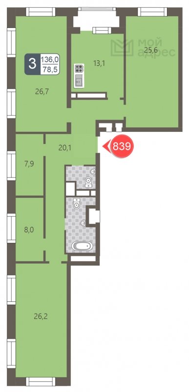 3-комнатная квартира с частичной отделкой, 136 м2, 23 этаж, дом сдан, ЖК мой адрес На Береговом, корпус Южный квартал - объявление 1795472 - фото №1