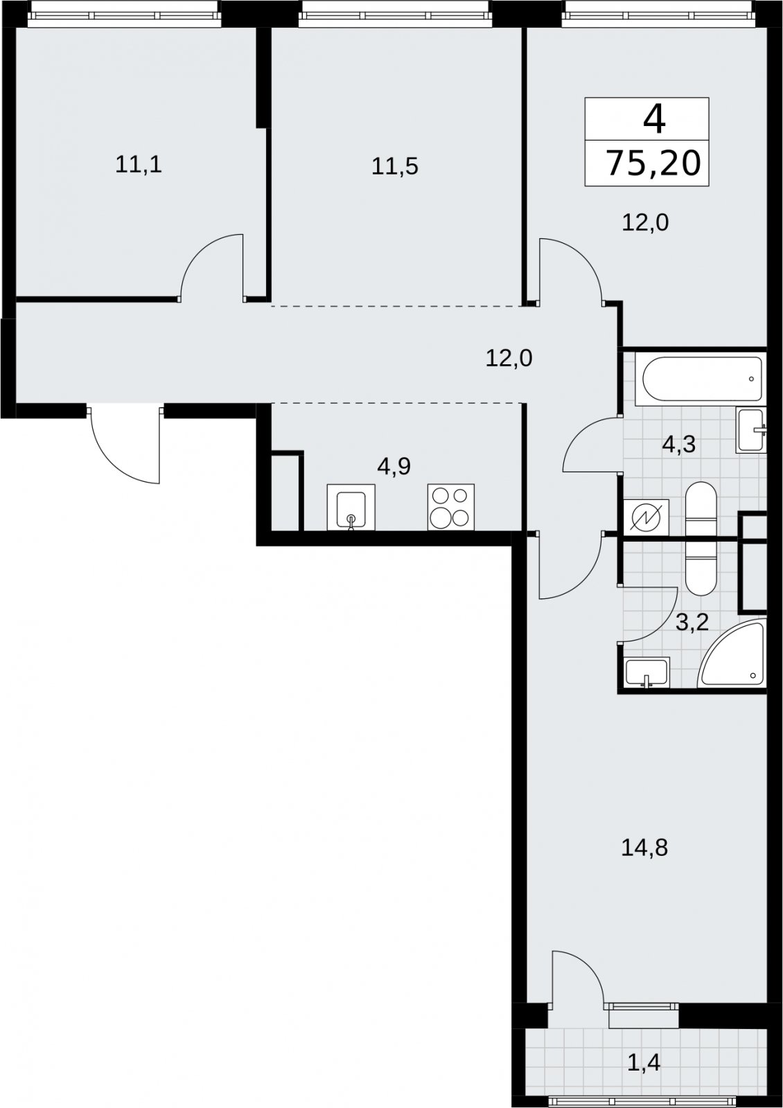 4-комнатная квартира (евро) с полной отделкой, 75.2 м2, 3 этаж, сдача 4 квартал 2026 г., ЖК Родные кварталы, корпус 1.2 - объявление 2317713 - фото №1