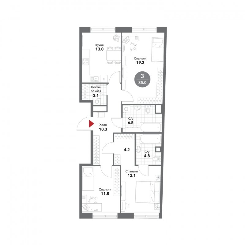 3-комнатная квартира без отделки, 85 м2, 3 этаж, сдача 3 квартал 2025 г., ЖК VOXHALL, корпус 2 - объявление 1786847 - фото №1