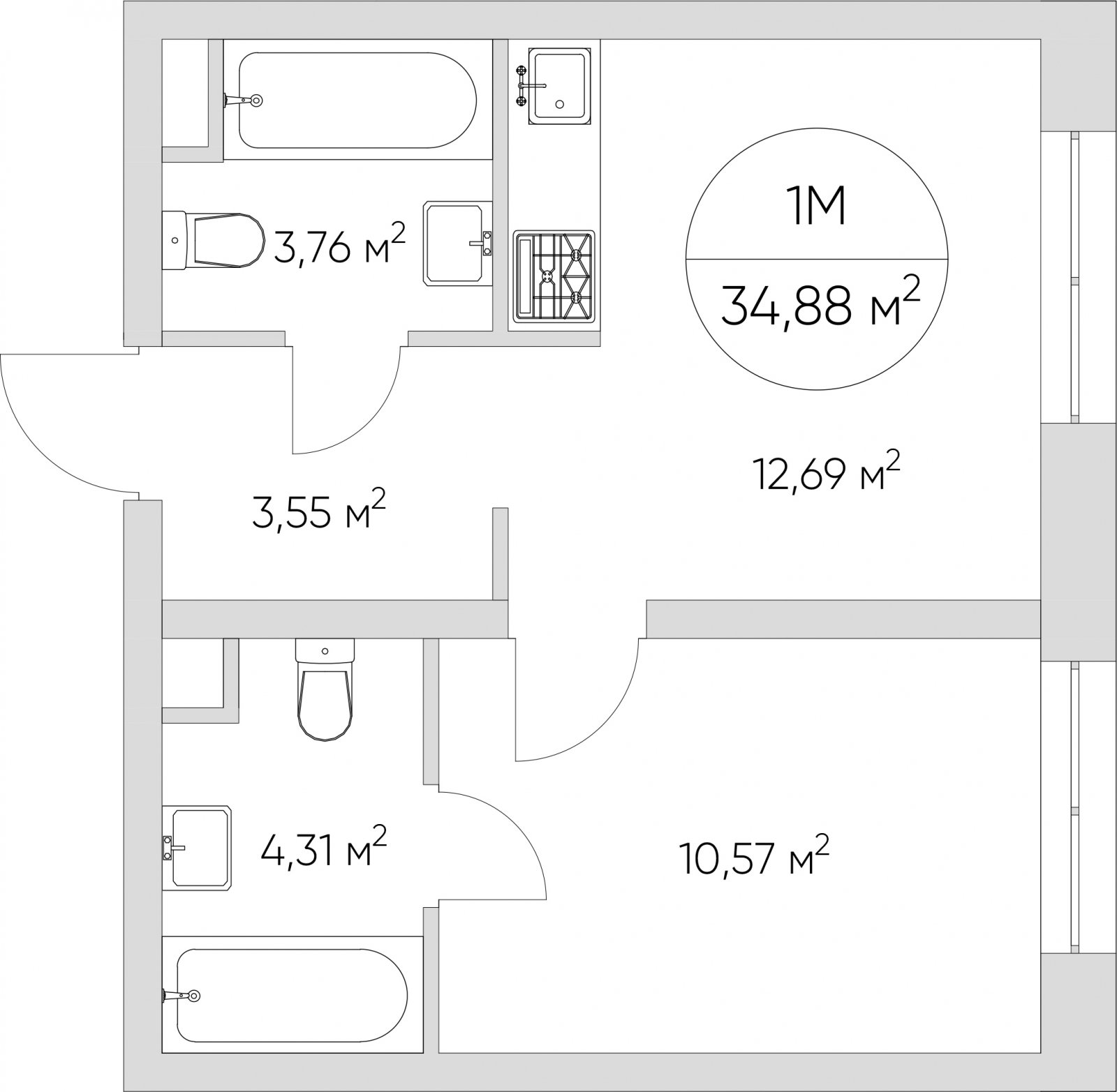 1-комнатные апартаменты без отделки, 34.88 м2, 2 этаж, дом сдан, ЖК N'ICE LOFT, корпус 1 - объявление 2415772 - фото №1