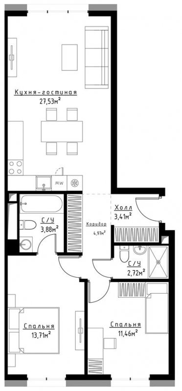 2-комнатная квартира с частичной отделкой, 67.06 м2, 6 этаж, сдача 3 квартал 2023 г., ЖК Метрополия, корпус Vienna - объявление 1786133 - фото №1