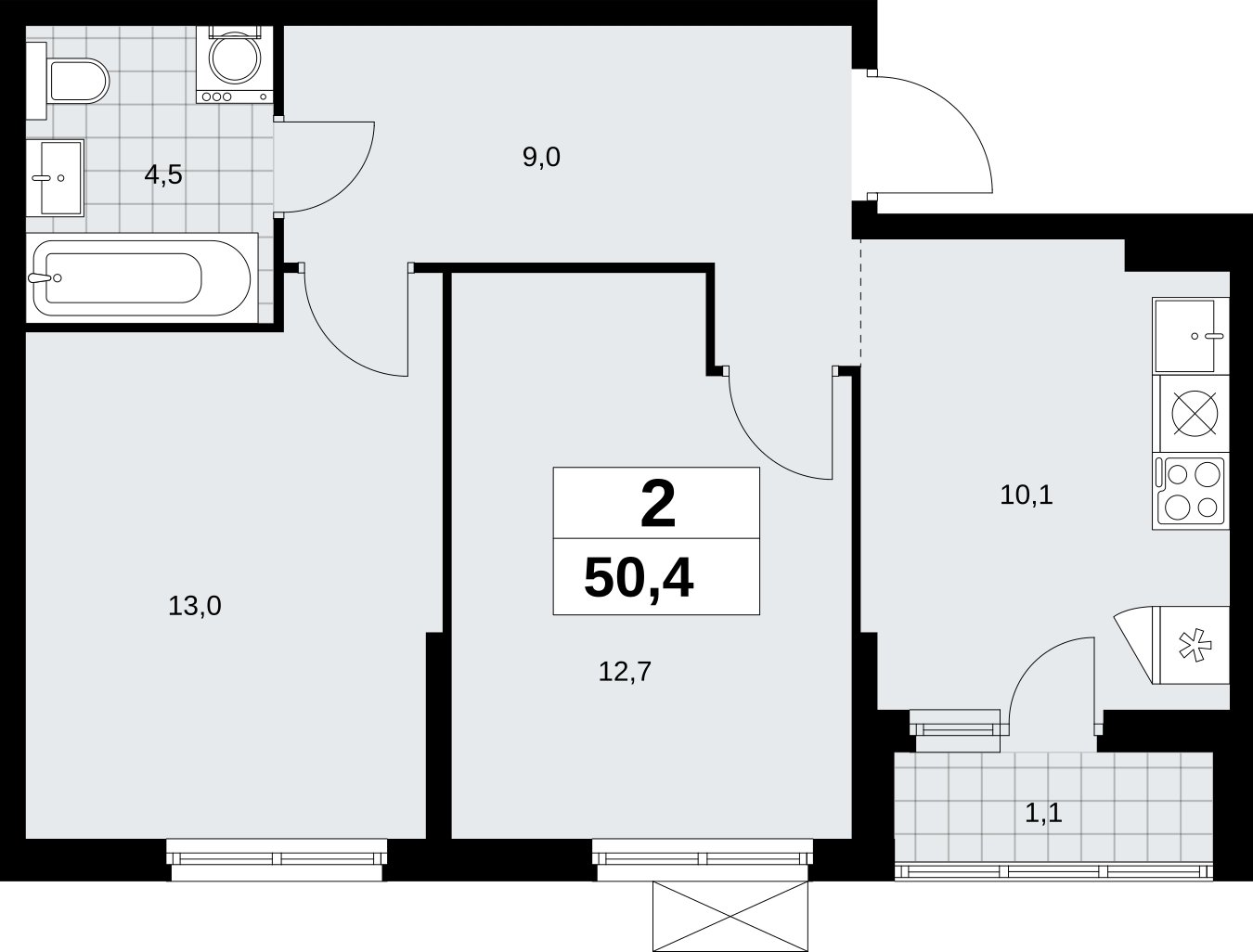2-комнатная квартира без отделки, 50.4 м2, 6 этаж, сдача 2 квартал 2026 г., ЖК Дзен-кварталы, корпус 6.1.1 - объявление 2327154 - фото №1