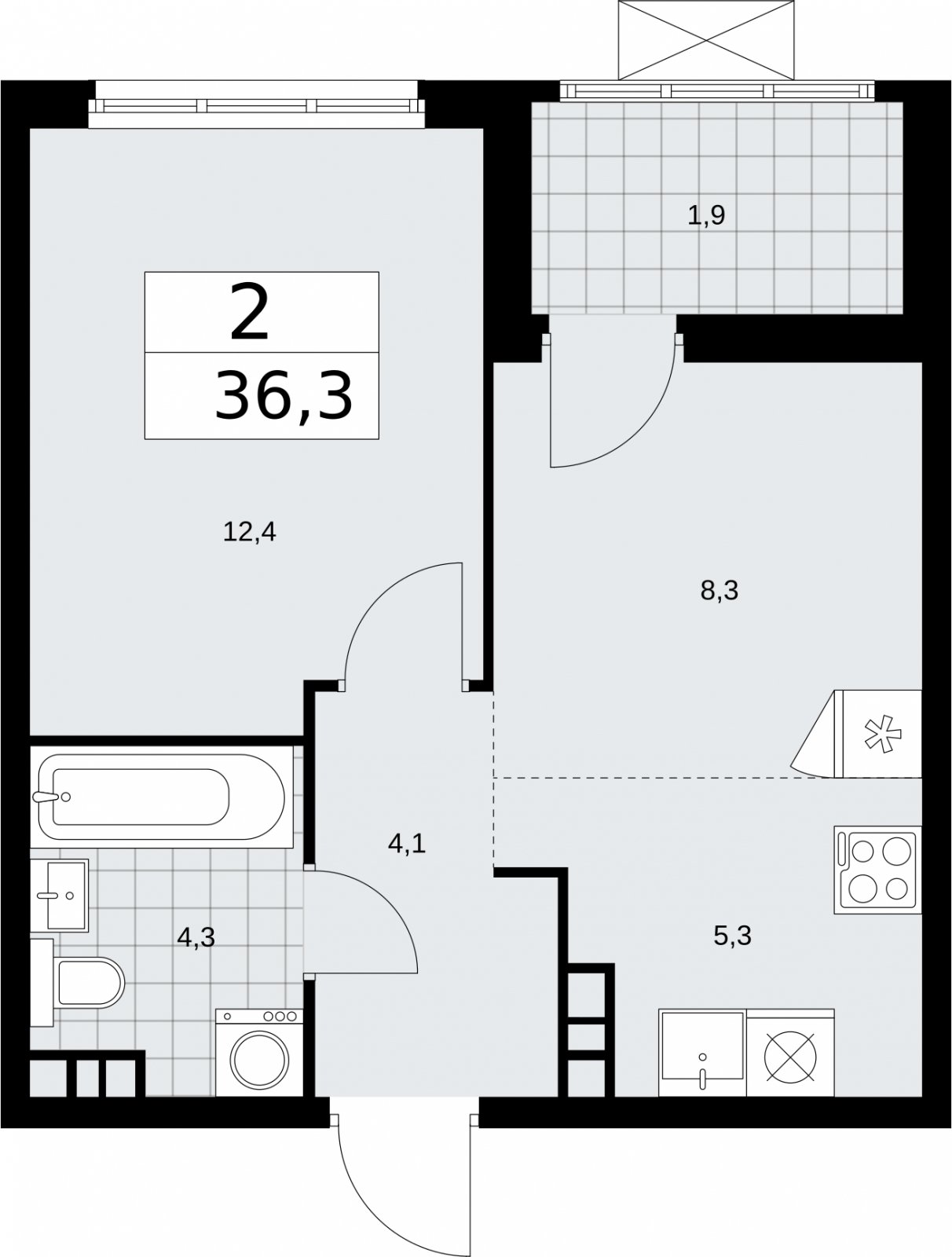 2-комнатная квартира (евро) без отделки, 36.3 м2, 11 этаж, сдача 2 квартал 2026 г., ЖК Бунинские кварталы, корпус 5.3 - объявление 2297582 - фото №1