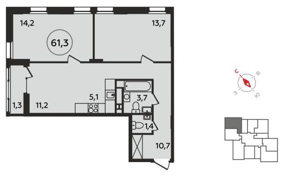 3-комнатная квартира (евро) с частичной отделкой, 61.3 м2, 9 этаж, сдача 1 квартал 2023 г., ЖК Прокшино, корпус 1.1 - объявление 1757830 - фото №1