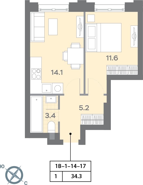 1-комнатная квартира с полной отделкой, 34.3 м2, 16 этаж, сдача 3 квартал 2025 г., ЖК Дмитровское небо, корпус 1 - объявление 2185368 - фото №1