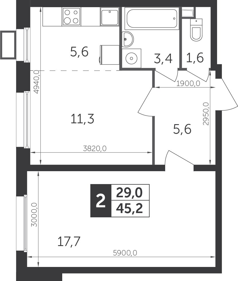 2-комнатная квартира с частичной отделкой, 44.8 м2, 3 этаж, дом сдан, ЖК Датский квартал, корпус 1 - объявление 2207626 - фото №1
