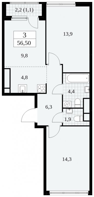 3-комнатная квартира (евро) без отделки, 56.5 м2, 26 этаж, сдача 2 квартал 2025 г., ЖК Южные сады, корпус 2.3 - объявление 1758403 - фото №1