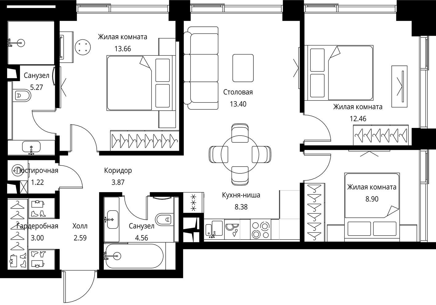 3-комнатная квартира с частичной отделкой, 77.31 м2, 6 этаж, сдача 3 квартал 2026 г., ЖК City Bay, корпус North Ocean 3 - объявление 2280669 - фото №1