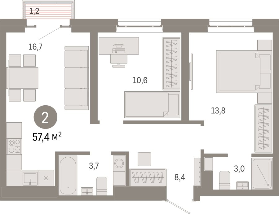 2-комнатная квартира с частичной отделкой, 57.4 м2, 19 этаж, сдача 3 квартал 2026 г., ЖК Квартал Метроном, корпус 1 - объявление 2300683 - фото №1
