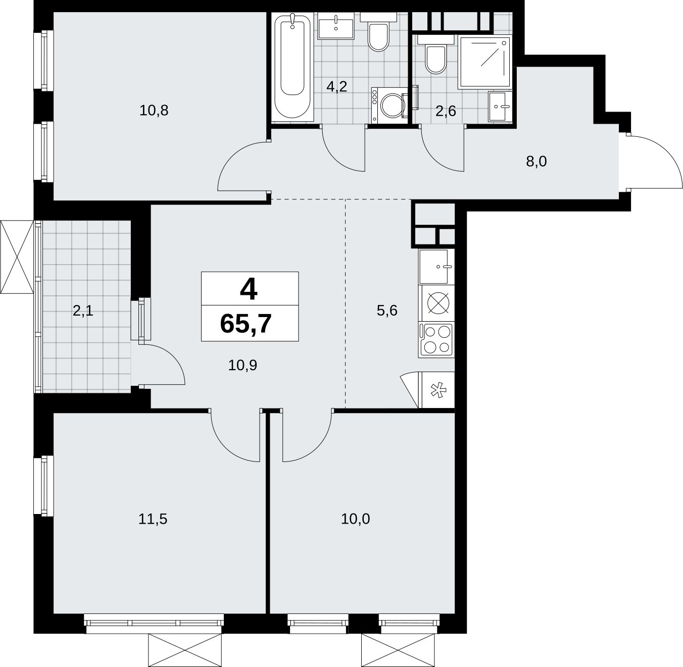 4-комнатная квартира (евро) без отделки, 65.7 м2, 10 этаж, сдача 4 квартал 2026 г., ЖК Скандинавия, корпус 2.18.1.4 - объявление 2351009 - фото №1