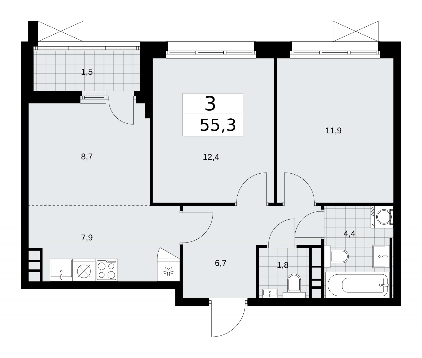 3-комнатная квартира (евро) с частичной отделкой, 55.3 м2, 5 этаж, сдача 2 квартал 2026 г., ЖК Скандинавия, корпус 25.1 - объявление 2283348 - фото №1