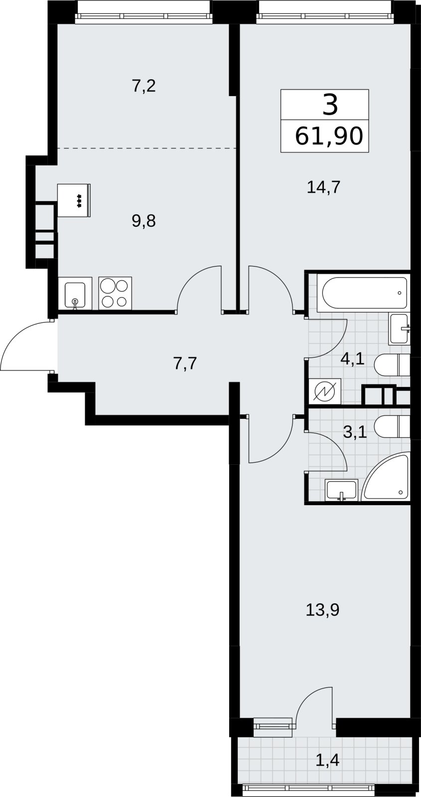 3-комнатная квартира (евро) с полной отделкой, 61.9 м2, 6 этаж, сдача 4 квартал 2026 г., ЖК Родные кварталы, корпус 3.3 - объявление 2378470 - фото №1