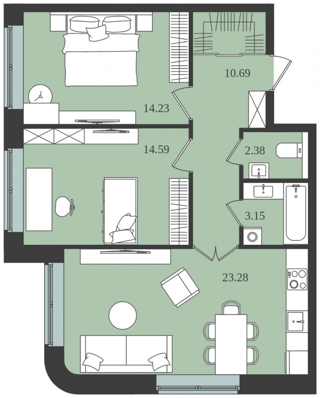 2-комнатная квартира без отделки, 68.32 м2, 1 этаж, сдача 1 квартал 2024 г., ЖК Мишино-2, корпус 8 - объявление 1812168 - фото №1