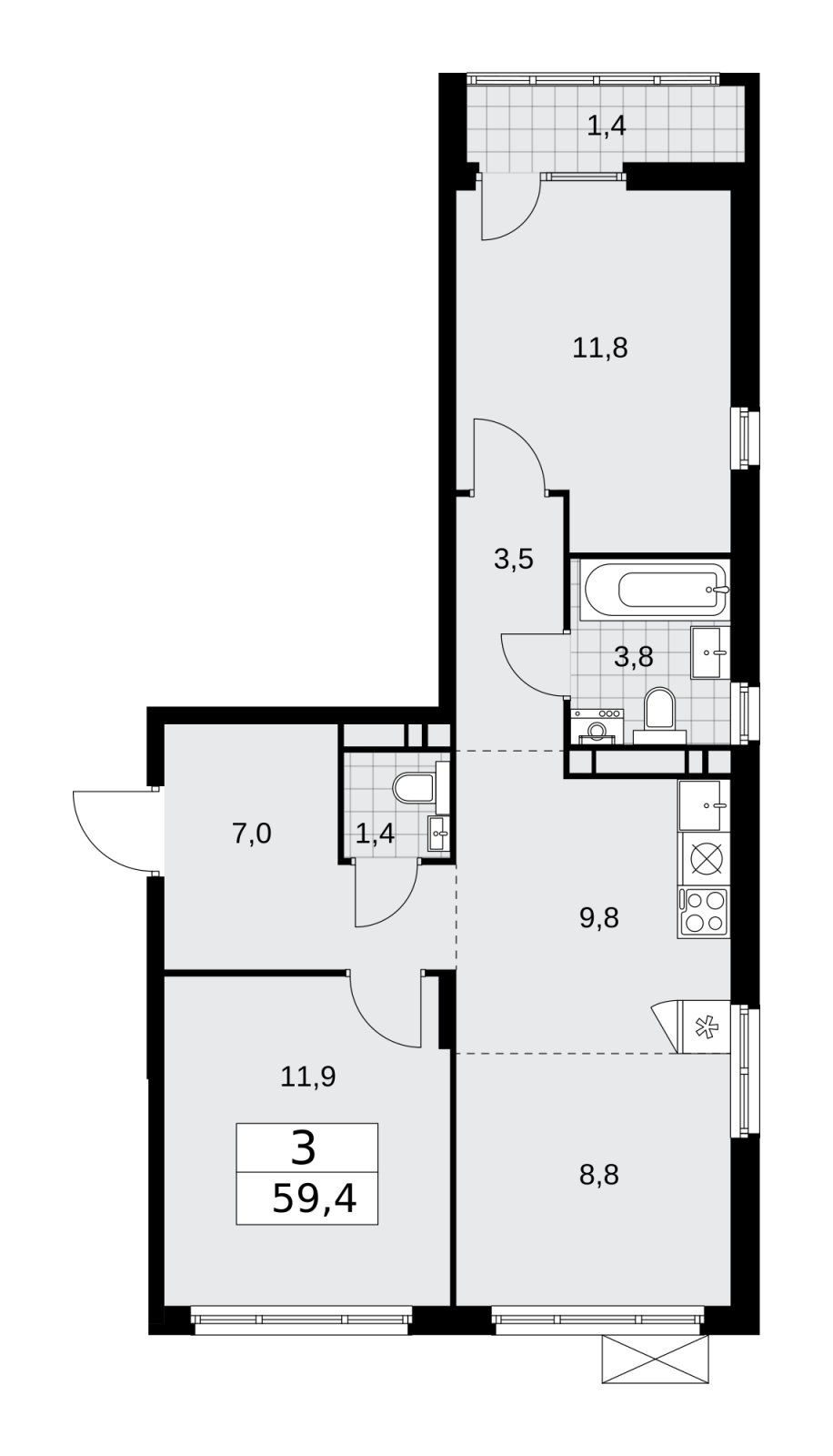 3-комнатная квартира (евро) без отделки, 59.4 м2, 14 этаж, сдача 1 квартал 2026 г., ЖК Деснаречье, корпус 4.2 - объявление 2263672 - фото №1