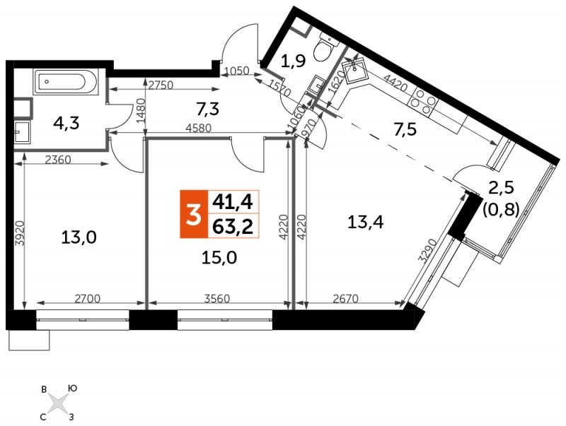 3-комнатная квартира без отделки, 63.2 м2, 2 этаж, сдача 4 квартал 2023 г., ЖК Датский квартал, корпус 2 - объявление 1612172 - фото №1