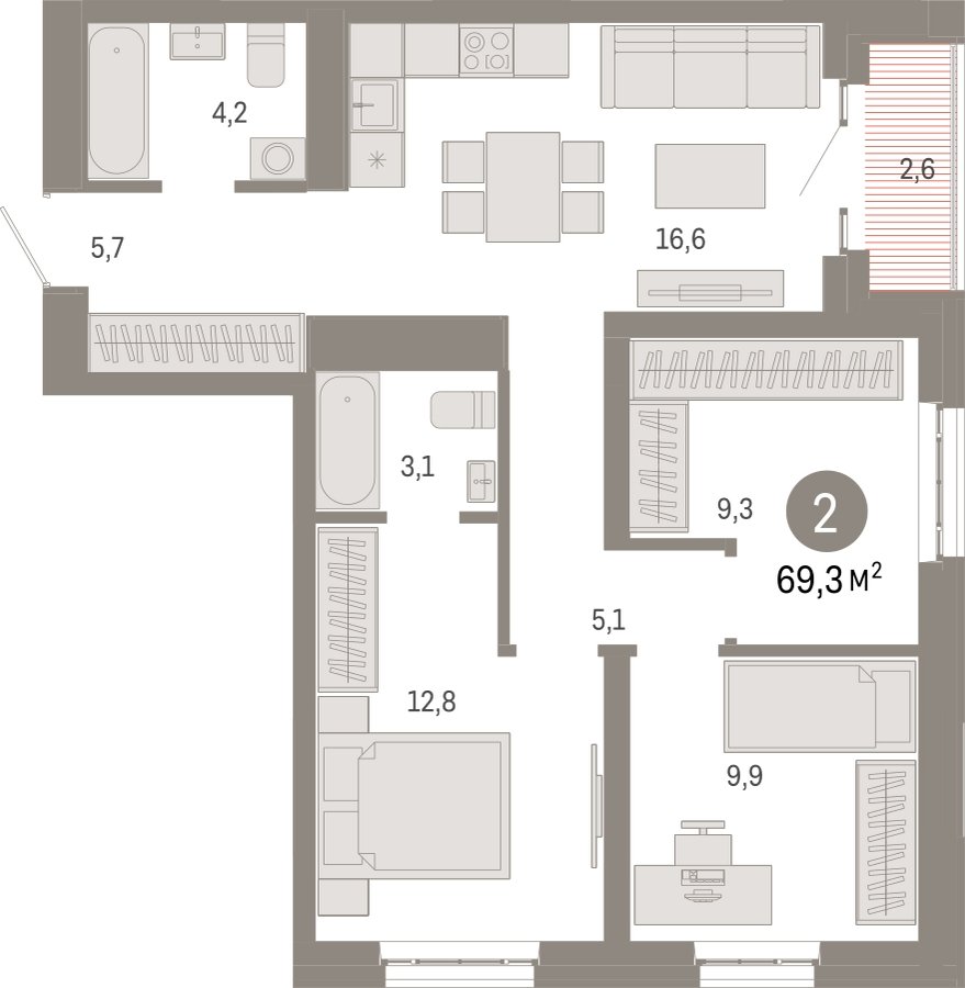 3-комнатная квартира с частичной отделкой, 69.3 м2, 7 этаж, сдача 3 квартал 2026 г., ЖК Квартал Метроном, корпус 1 - объявление 2300663 - фото №1