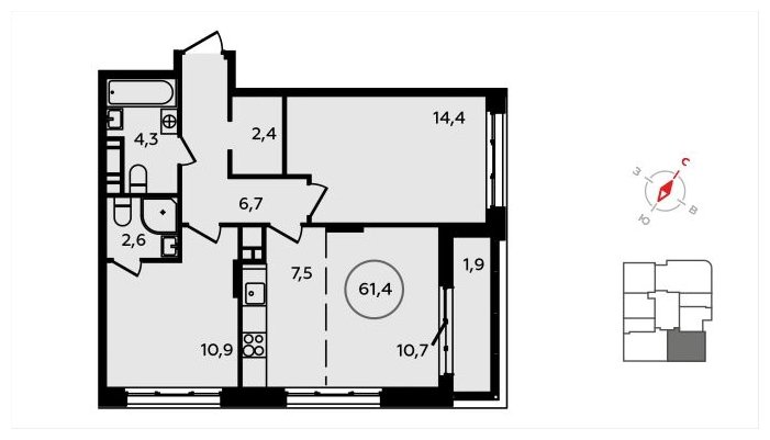 3-комнатная квартира (евро) с полной отделкой, 61.4 м2, 13 этаж, сдача 3 квартал 2024 г., ЖК Скандинавия, корпус 2.22.5 - объявление 1625846 - фото №1