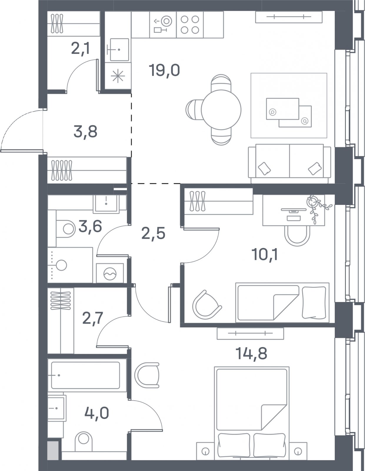 2-комнатная квартира 62.6 м2, 26 этаж, сдача 4 квартал 2025 г., ЖК Portland, корпус 1 - объявление 2303568 - фото №1