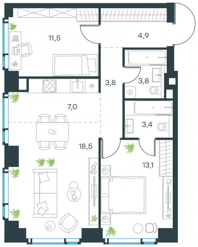 3-комнатная квартира без отделки, 66 м2, 2 этаж, сдача 2 квартал 2025 г., ЖК Level Мичуринский, корпус 2 - объявление 1775279 - фото №1