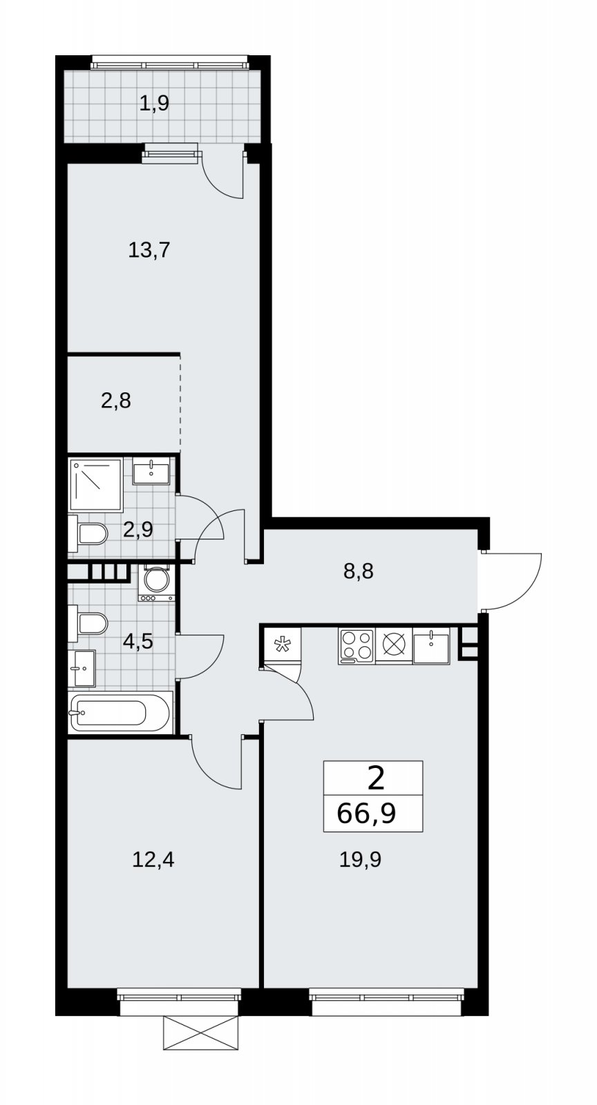 2-комнатная квартира без отделки, 66.9 м2, 3 этаж, сдача 1 квартал 2026 г., ЖК Дзен-кварталы, корпус 4.3 - объявление 2251734 - фото №1
