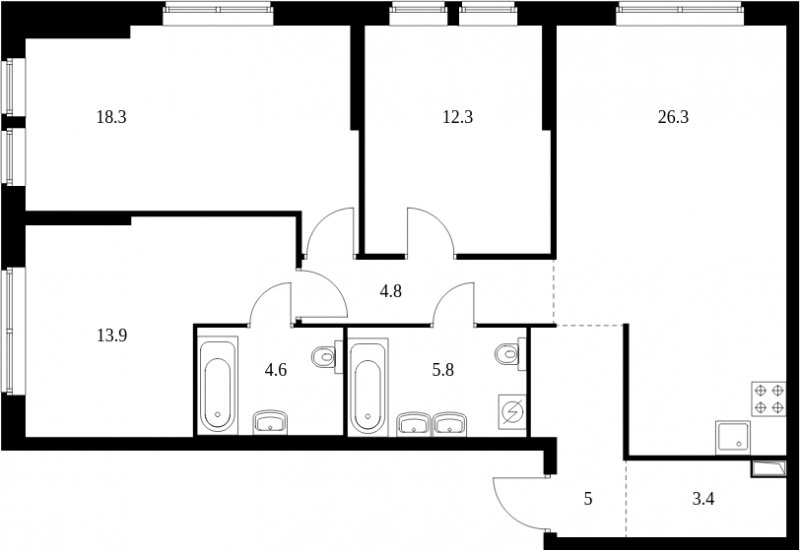 3-комнатная квартира с частичной отделкой, 94.4 м2, 6 этаж, сдача 4 квартал 2023 г., ЖК Кронштадтский 9, корпус 1.4 - объявление 1974094 - фото №1