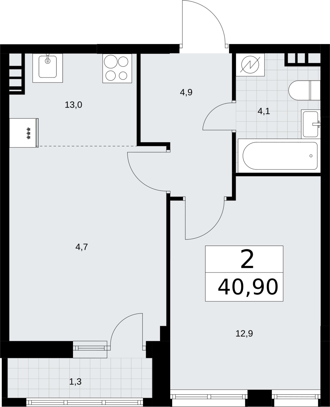 2-комнатная квартира (евро) без отделки, 40.9 м2, 4 этаж, сдача 3 квартал 2026 г., ЖК Родные кварталы, корпус 3.1 - объявление 2378277 - фото №1