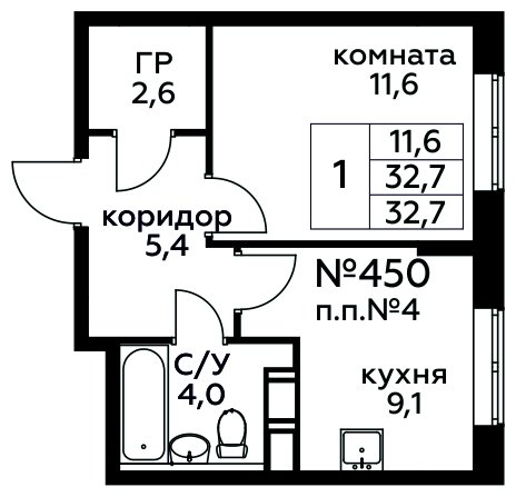 1-комнатная квартира с полной отделкой, 32.7 м2, 7 этаж, сдача 1 квартал 2025 г., ЖК Цветочные Поляны, корпус 2 - объявление 2149959 - фото №1