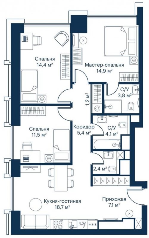 3-комнатная квартира с частичной отделкой, 82.48 м2, 29 этаж, сдача 2 квартал 2024 г., ЖК City Bay, корпус Indian Ocean 1 - объявление 1671567 - фото №1