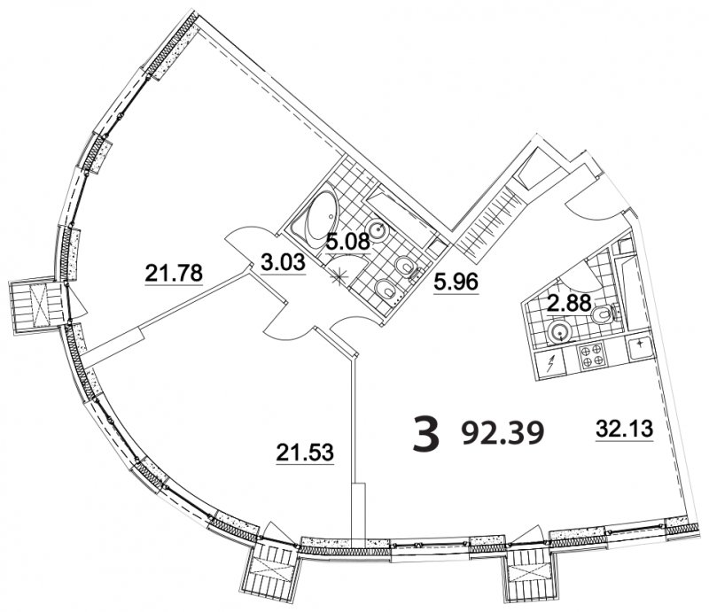 3-комнатная квартира (евро) без отделки, 92.39 м2, 12 этаж, дом сдан, ЖК Апарт-комплекс Nakhimov, корпус 3 - объявление 1330704 - фото №1