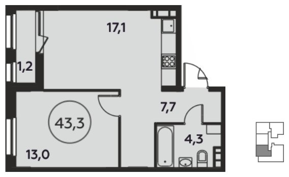 1-комнатная квартира без отделки, 43.3 м2, 14 этаж, сдача 1 квартал 2022 г., ЖК Скандинавия, корпус 8.3 - объявление 1177008 - фото №1