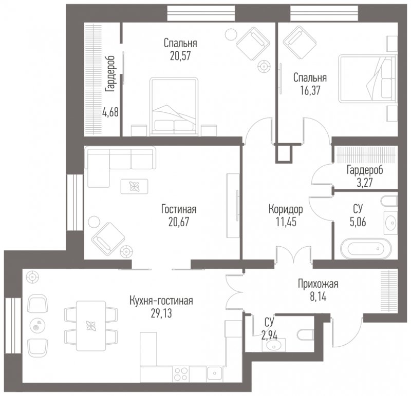 3-комнатные апартаменты с частичной отделкой, 122.28 м2, 17 этаж, сдача 2 квартал 2022 г., ЖК Alcon Tower, корпус 1 - объявление 1322995 - фото №1