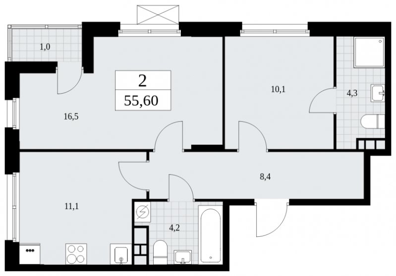 2-комнатная квартира с частичной отделкой, 55.6 м2, 6 этаж, сдача 4 квартал 2024 г., ЖК Бунинские кварталы, корпус 2.1 - объявление 1882320 - фото №1