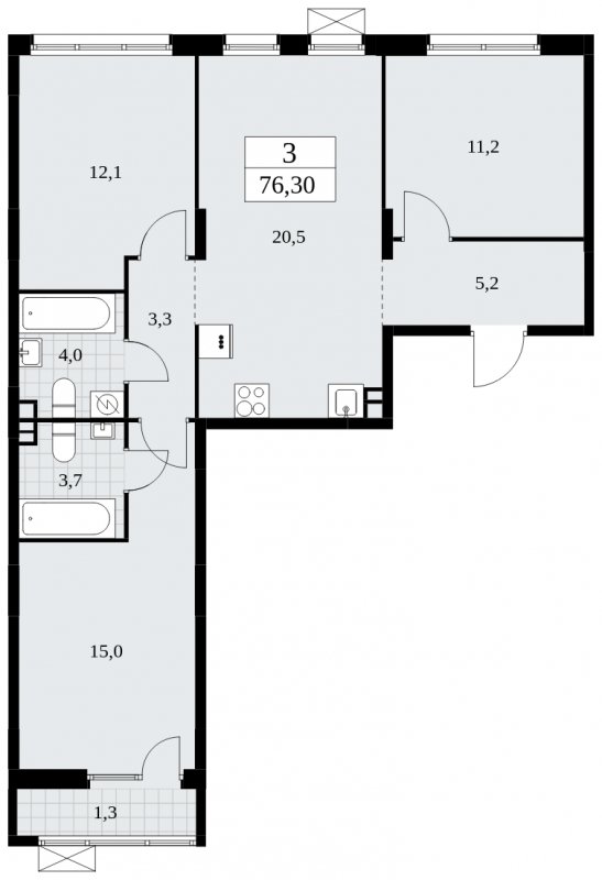 3-комнатная квартира без отделки, 76.3 м2, 3 этаж, сдача 1 квартал 2025 г., ЖК Дзен-кварталы, корпус 1.4 - объявление 1896075 - фото №1