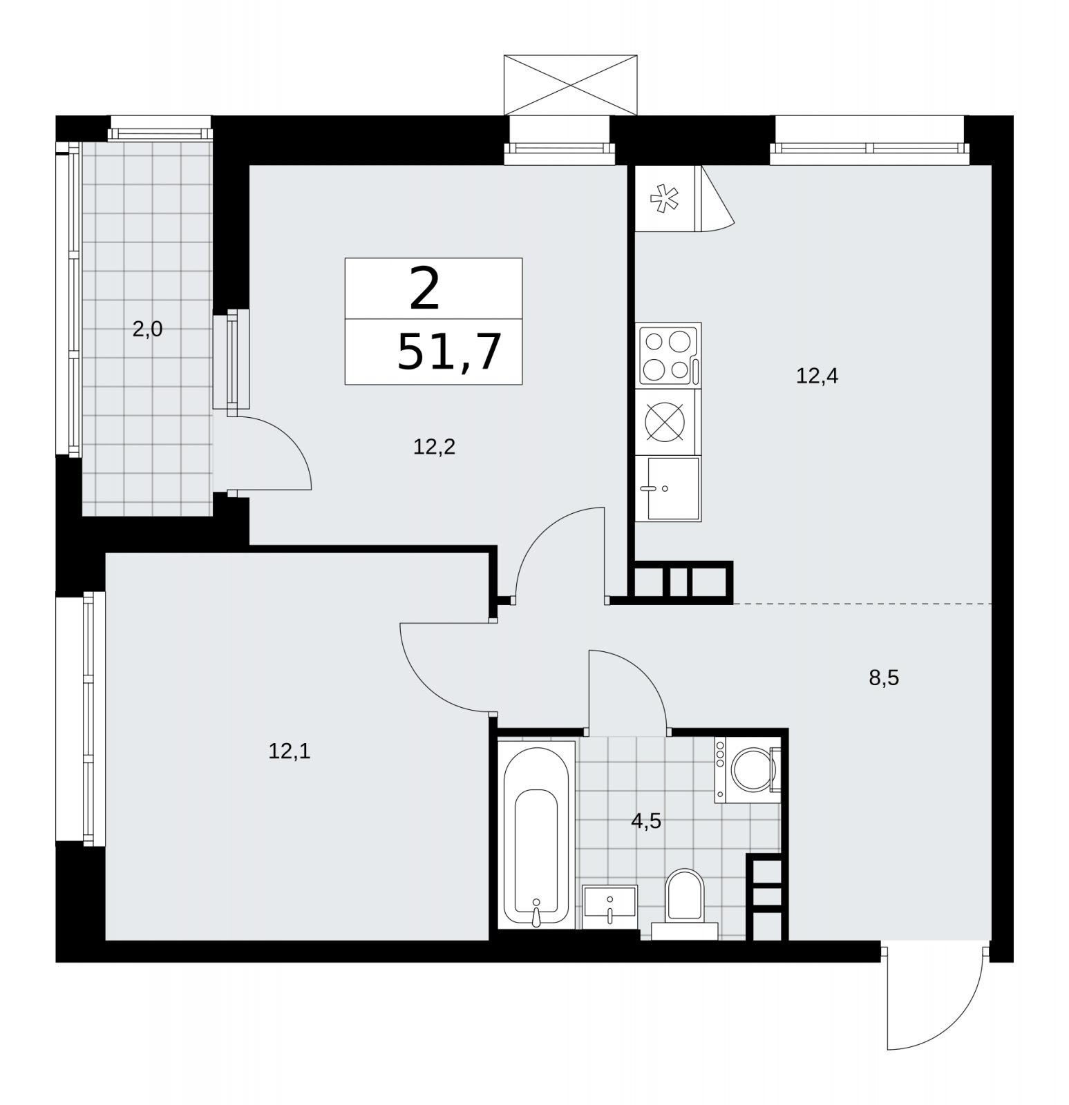 2-комнатная квартира с частичной отделкой, 51.7 м2, 4 этаж, сдача 2 квартал 2026 г., ЖК Дзен-кварталы, корпус 4.1 - объявление 2251442 - фото №1