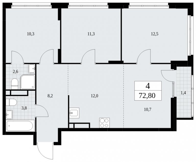4-комнатная квартира (евро) без отделки, 72.8 м2, 12 этаж, сдача 4 квартал 2024 г., ЖК Скандинавия, корпус 36.2.2 - объявление 1780022 - фото №1
