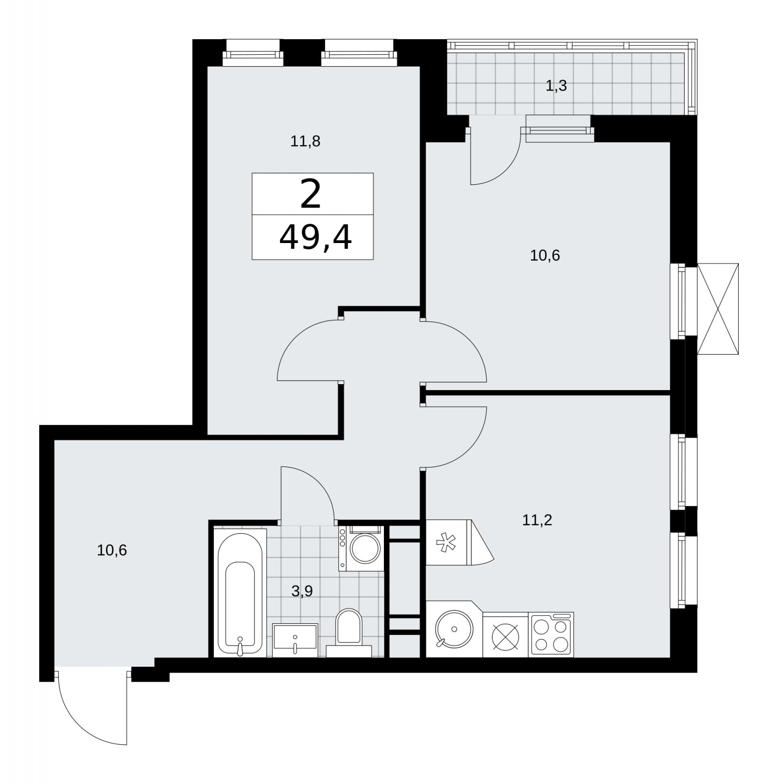 2-комнатная квартира без отделки, 49.4 м2, 11 этаж, сдача 1 квартал 2026 г., ЖК Скандинавия, корпус 37.2.2 - объявление 2254554 - фото №1