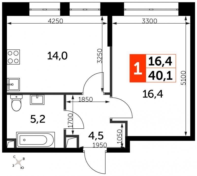 1-комнатная квартира с полной отделкой, 40.1 м2, 2 этаж, сдача 3 квартал 2024 г., ЖК Sydney City, корпус 2.1 - объявление 1608194 - фото №1