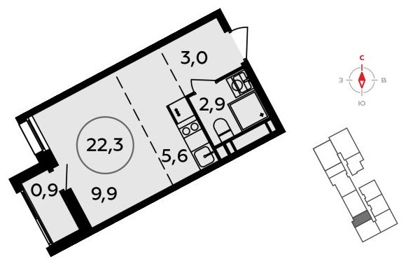 Студия без отделки, 22.3 м2, 15 этаж, сдача 3 квартал 2023 г., ЖК Прокшино, корпус 4.3 - объявление 1498208 - фото №1